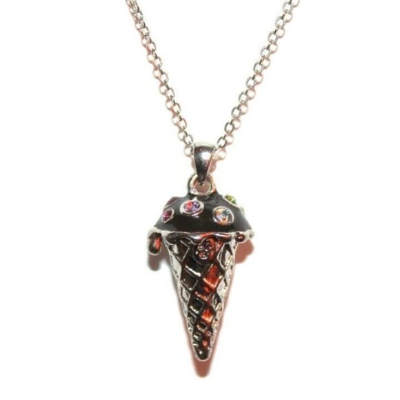 Girls Fun Chocolate Dark Ice Cream Cone Silver Necklace Dessert Sprinkle Colors - Picture 1 of 6